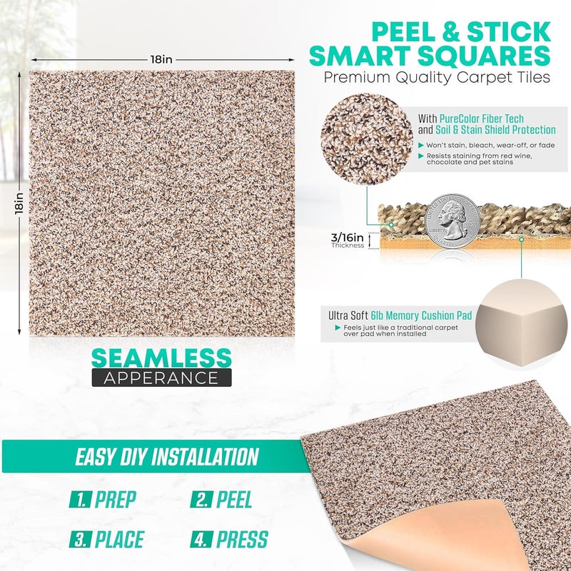 FIVE DIAMOND Feather Peel and Stick Carpet Tiles, Attached Cushion, Easy DIY Install, Soft Residential Carpet, American Made, Seamless Appearance, Plush (10 Tiles - 22.5 Square Feet) (Dovetail, 18x18) - Image 3